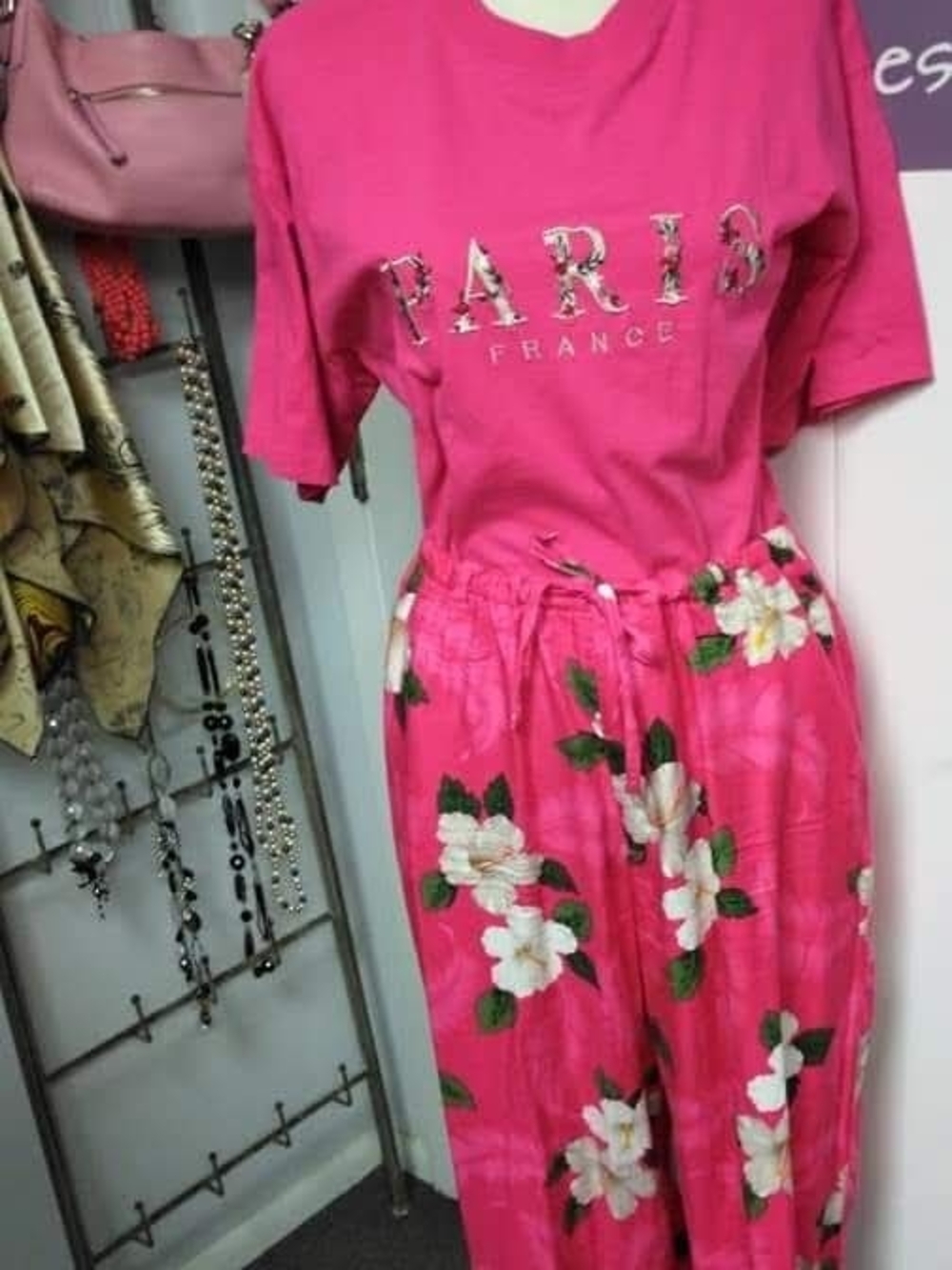 Hot Pink 'PARIS FRANCE' Floral Two-Piece Set